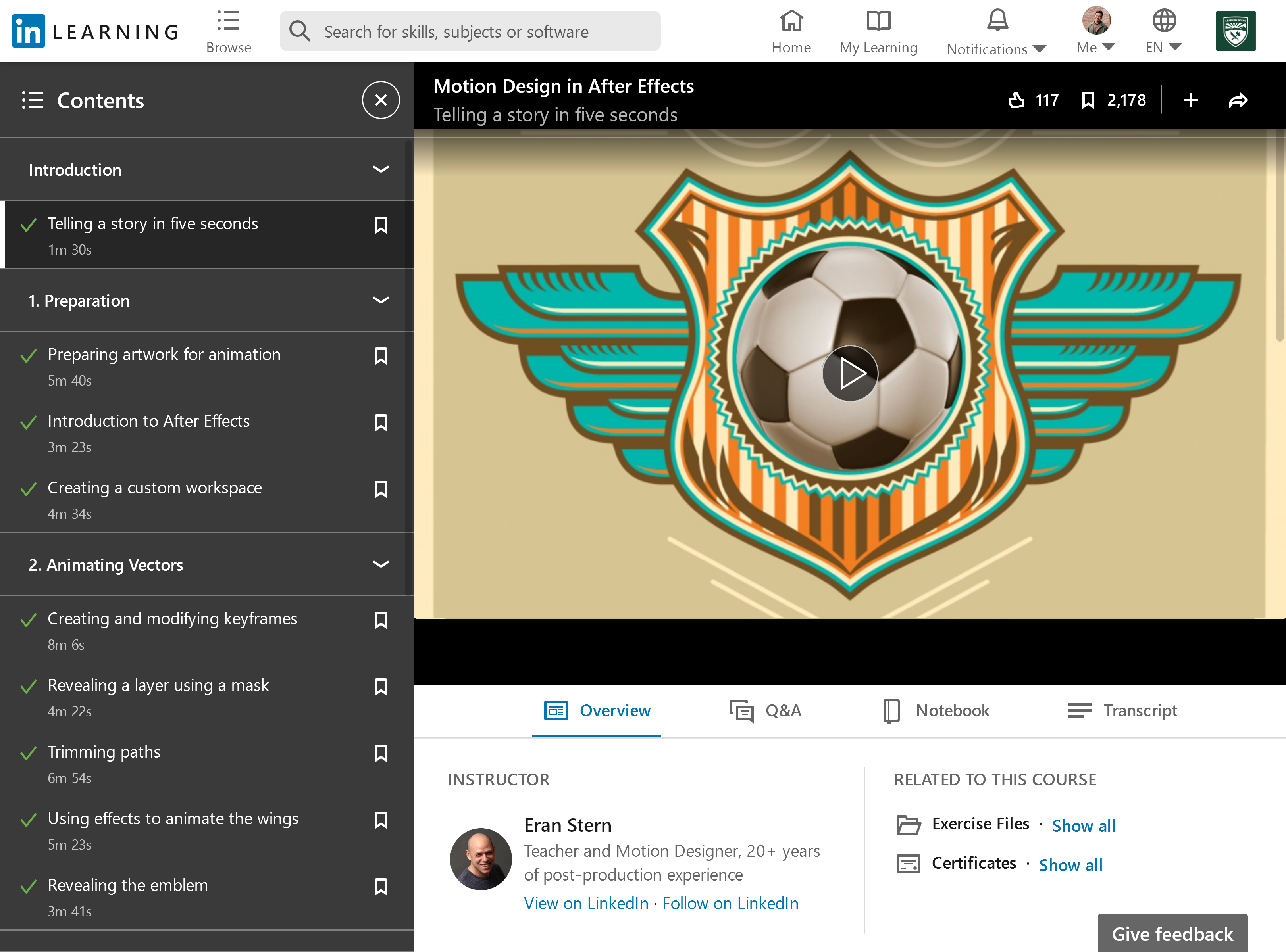A screenshot of the 'Motion Design in After Effects' course on LinkedIn Learning.