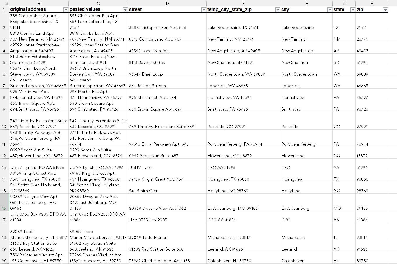 An Excel sheet with cleaned addresses.