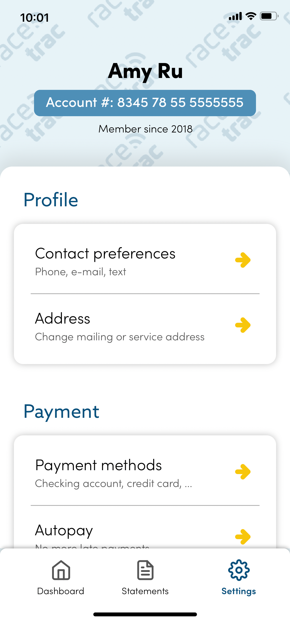 Screenshot of the RaceTrac mobile application settings screen.