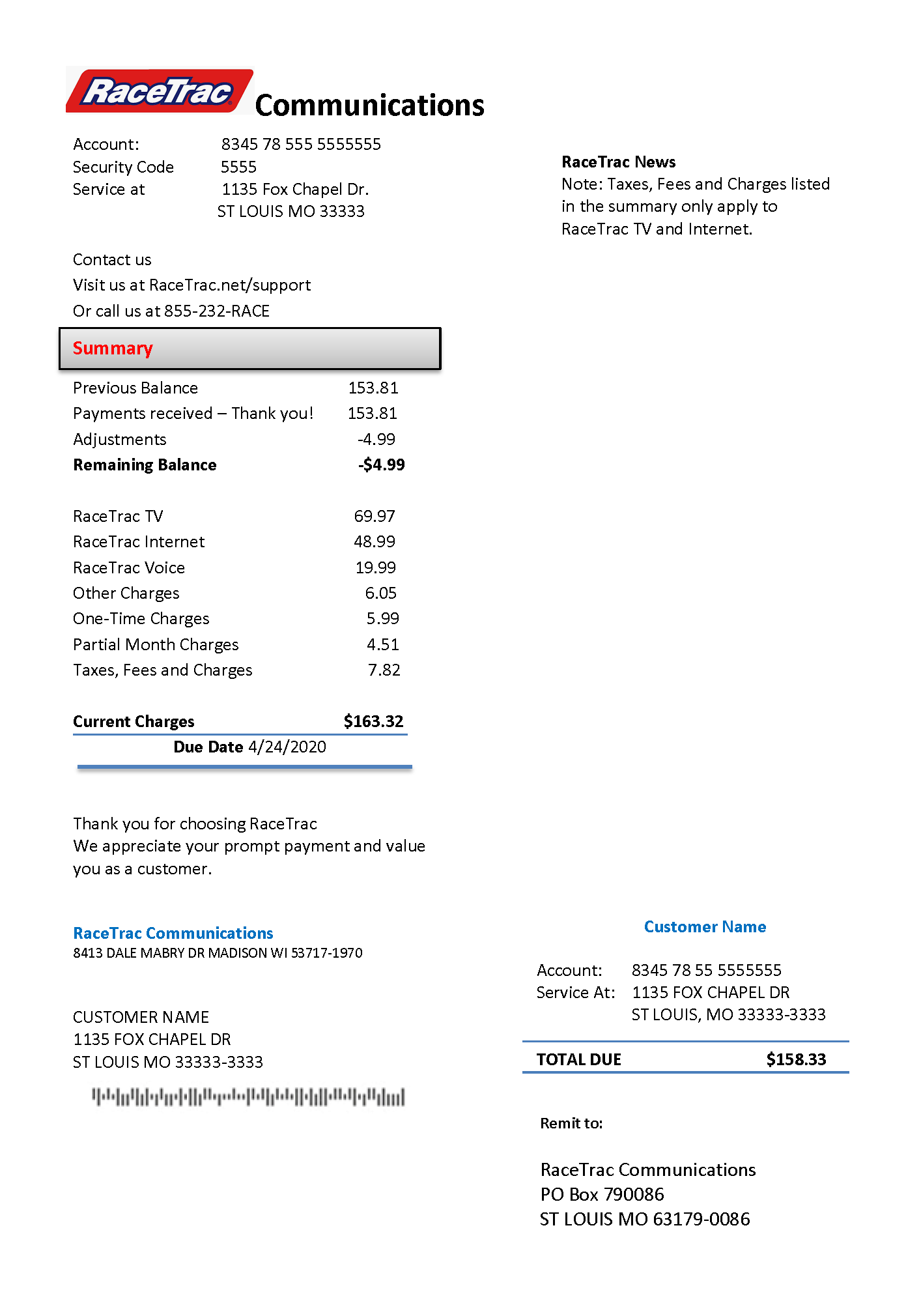 The front of a person's physical bill statement from a telecommunications company.