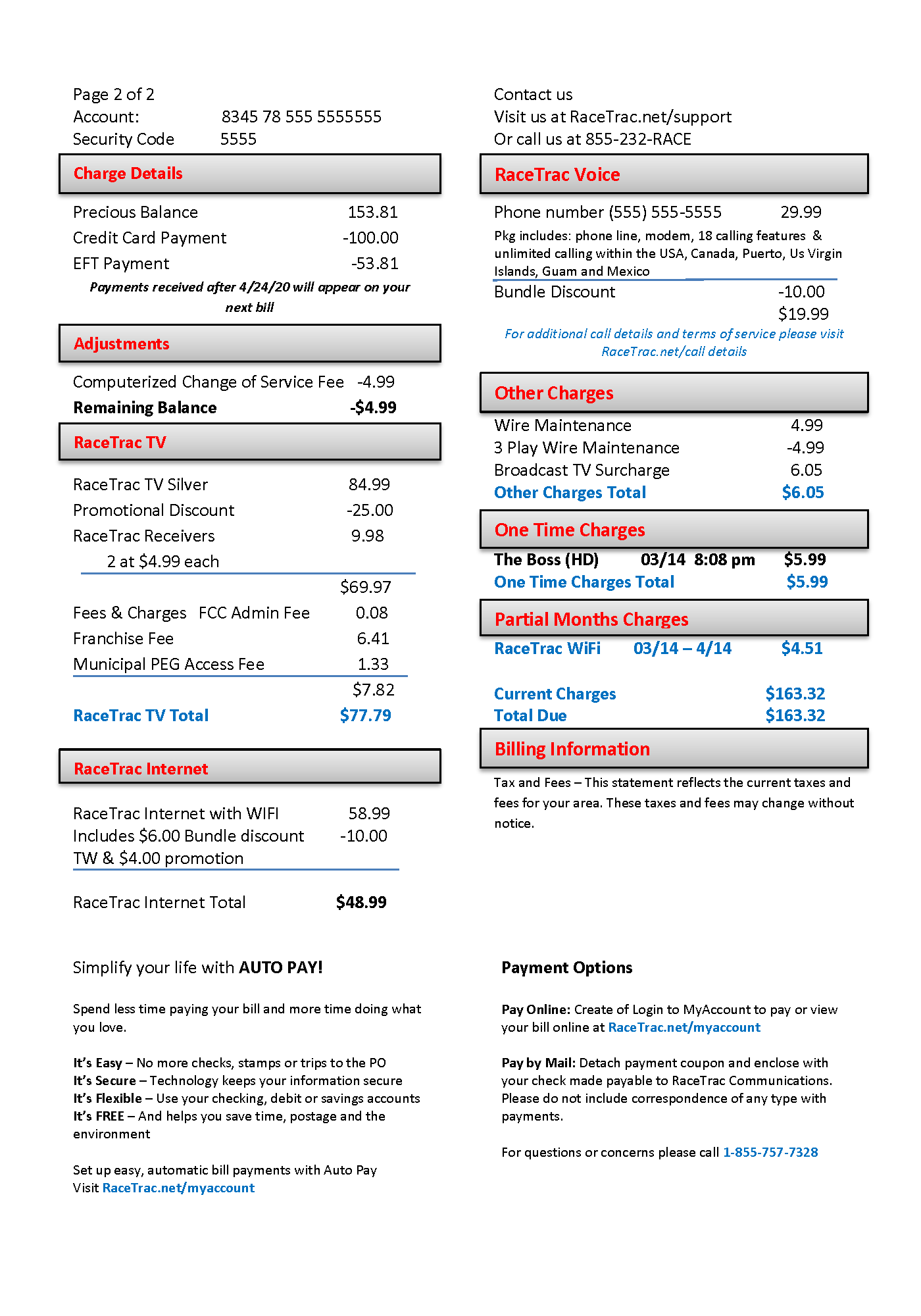 The back of a person's physical bill statement from a telecommunications company.