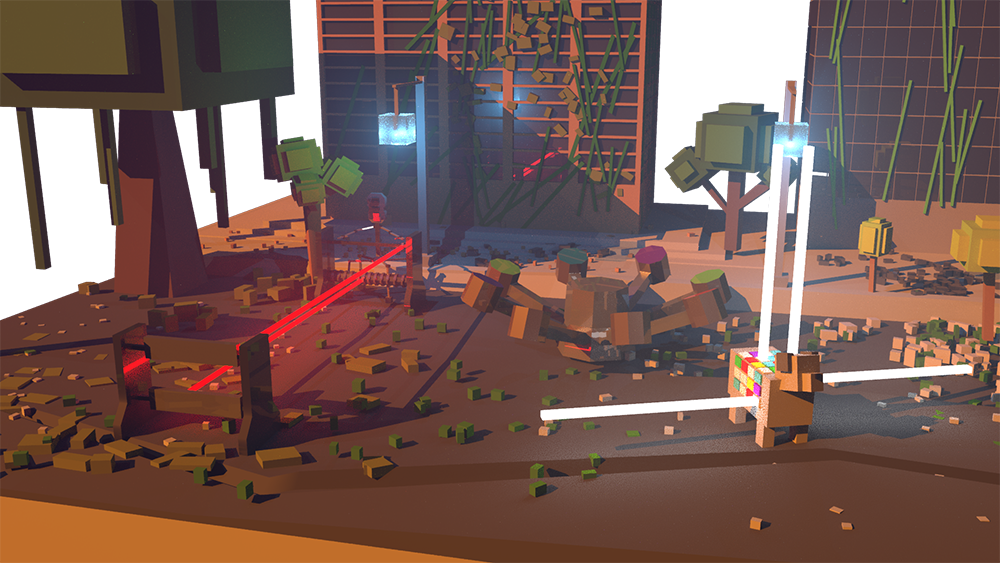 A closeup rendering of the low-poly musical instrument robots.