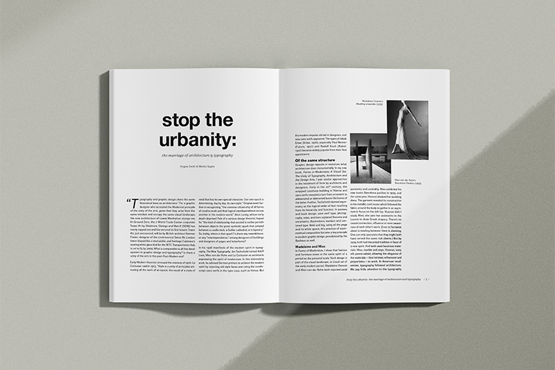 A magazine mockup open to a spread of the first two pages of the "stop the urbanity" article.