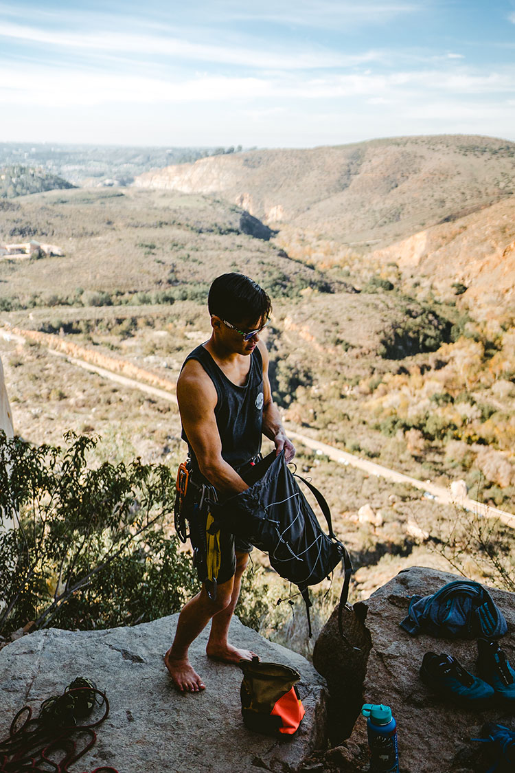 Man prepares to rock climb in Mission Trails Regional Park.
