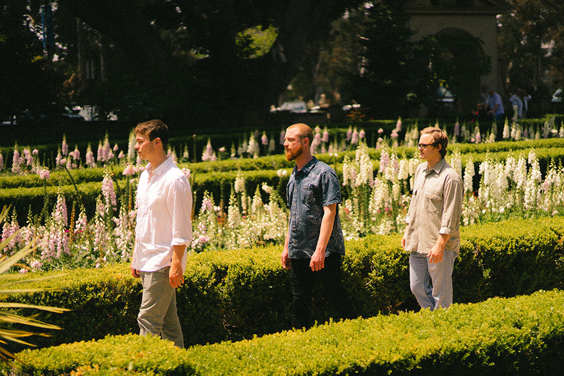 Three men walk through a garden maze.